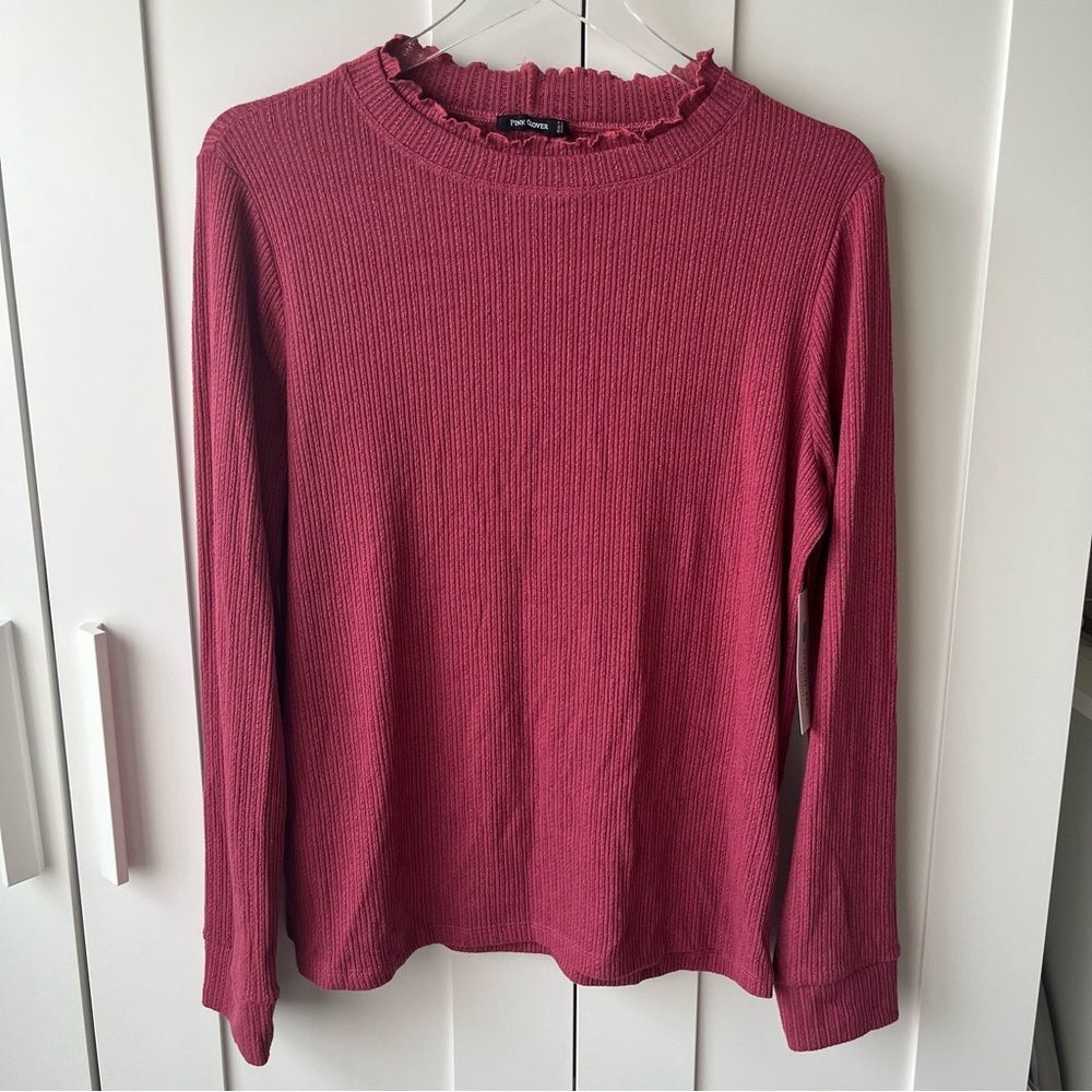 NWT Pink Clover Ribbed Knit Mock Ruffle Neck Top Womens XL Pink Long Sleeve‎